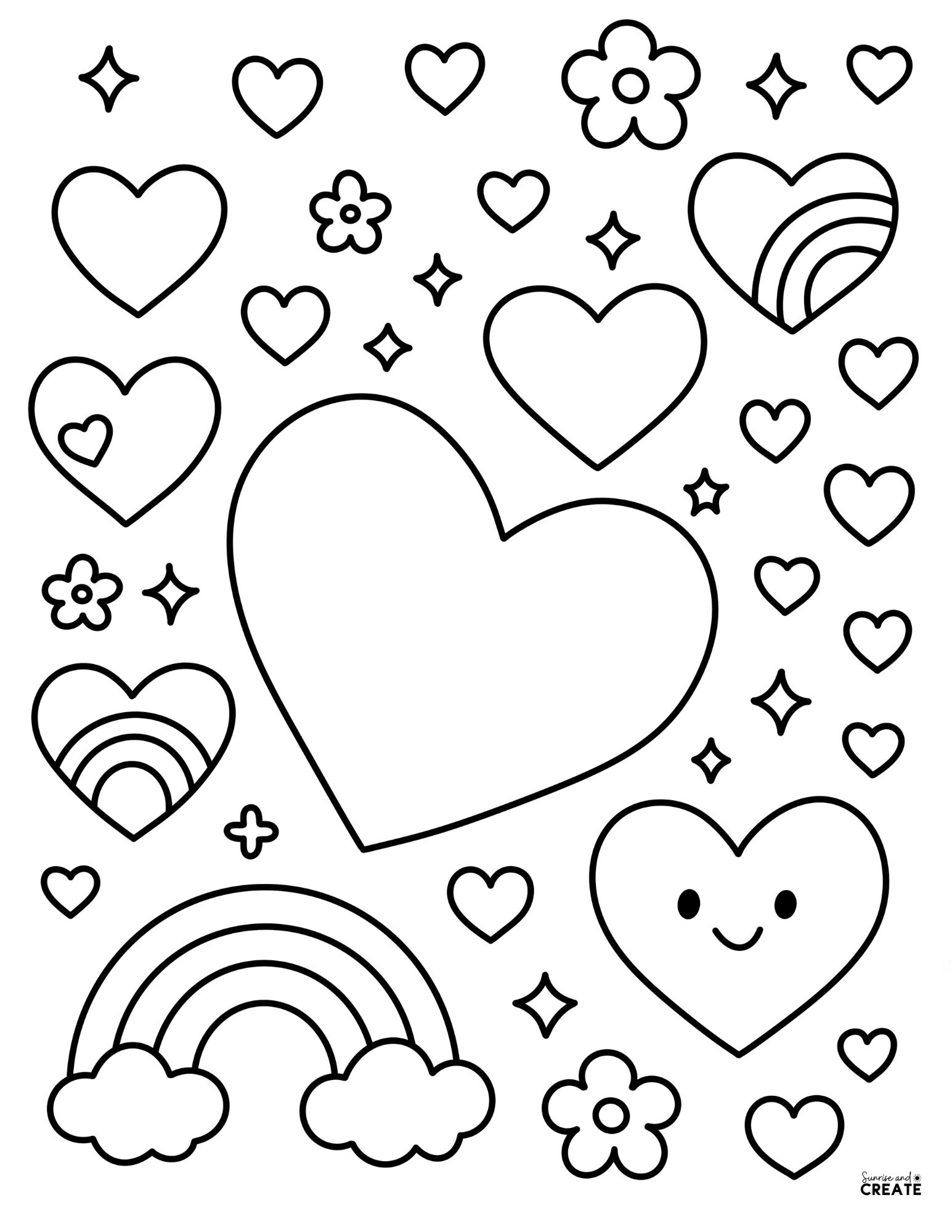 Coloring Page With Hearts and Rainbow