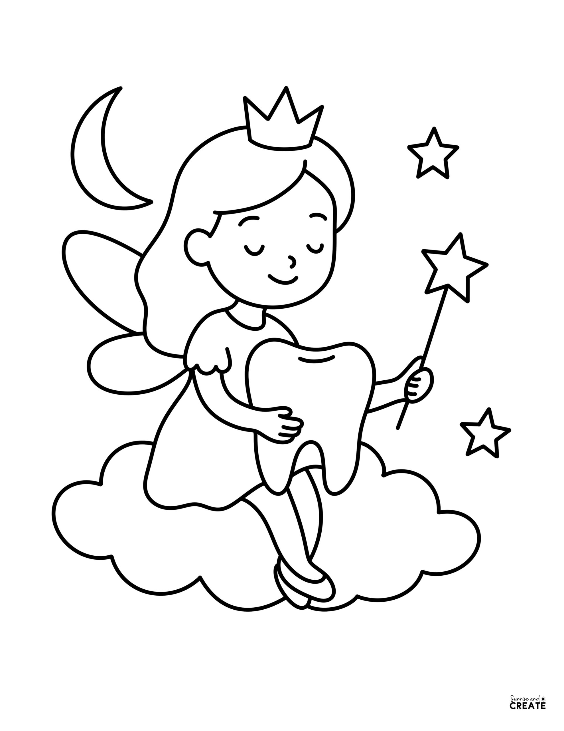 tooth fairy siting on a cloud holding a tooth 