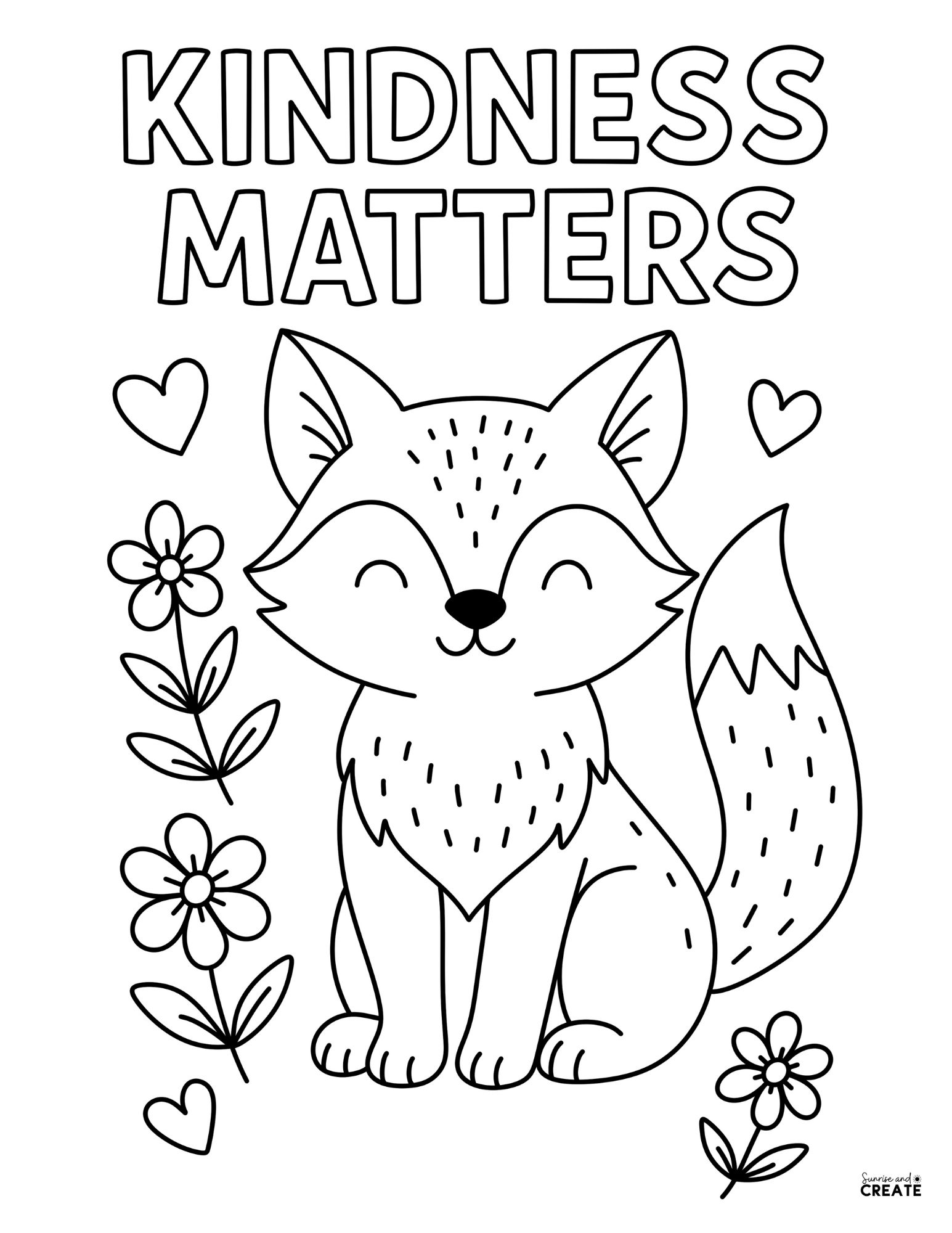 coloring page of a fox that says kindness matters