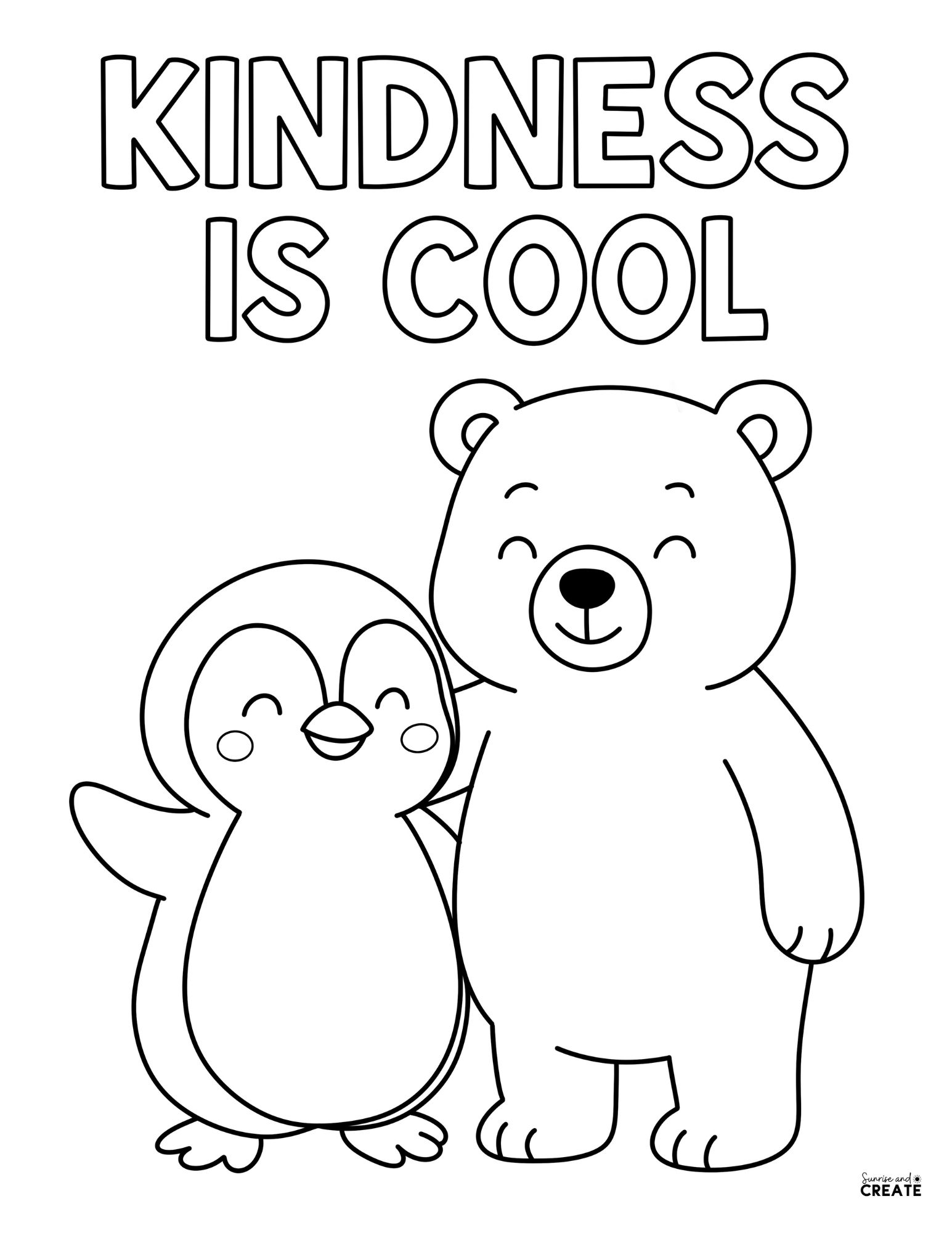 coloring page of a penguin and polar bear that says kindness is cool