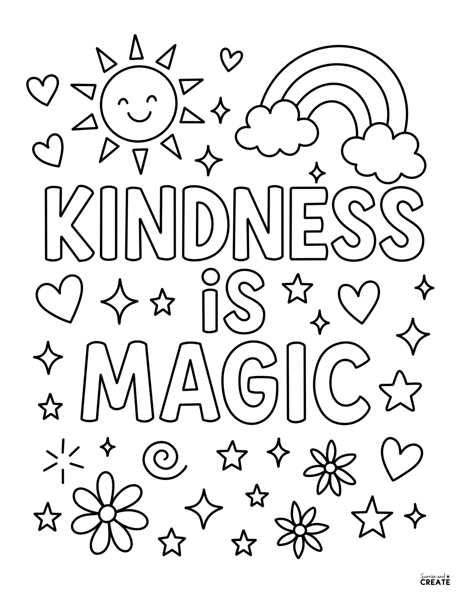 coloring page with rainbow hearts and sun that says kindness is magic