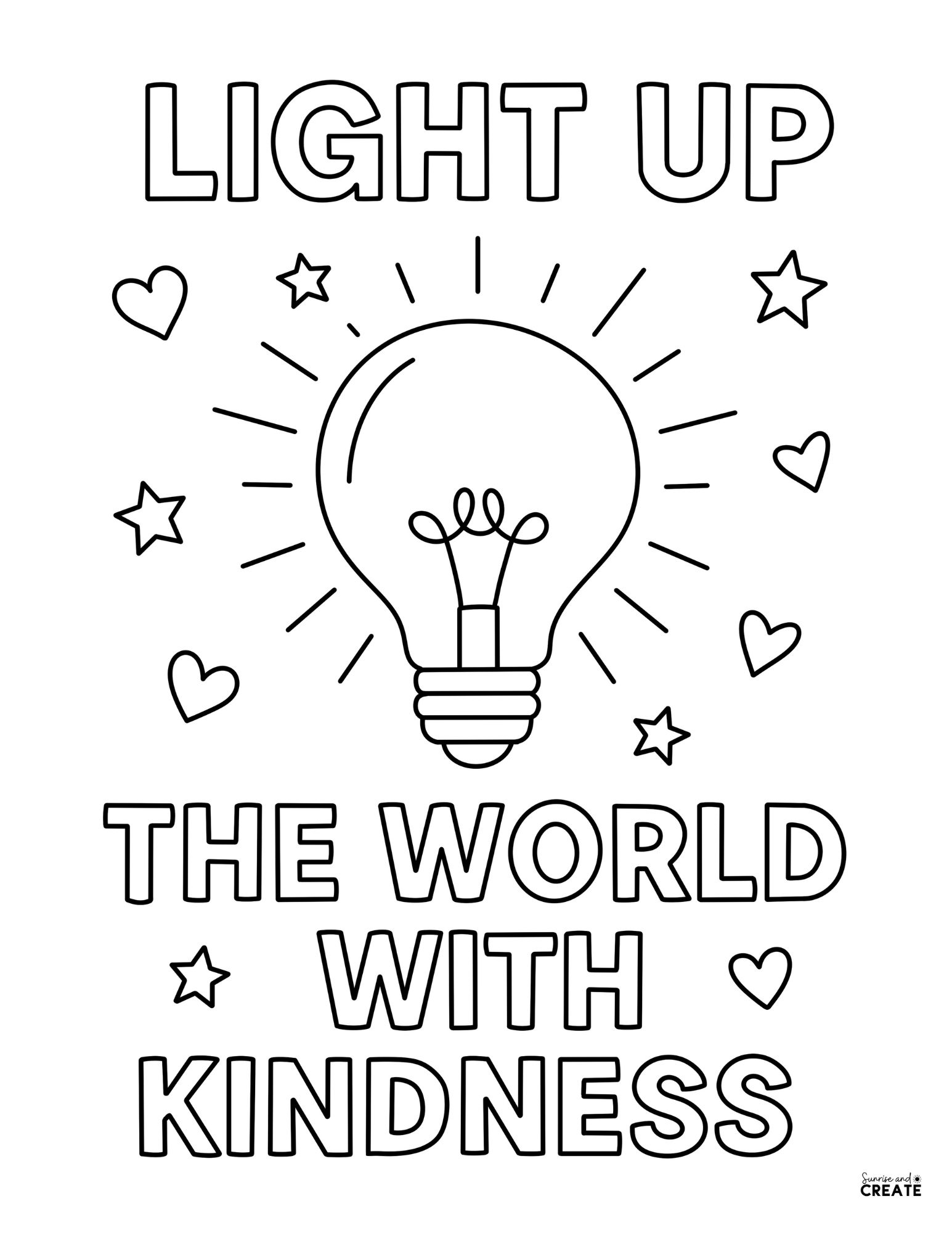 coloring page of lightbulb that says light up the world with kindness