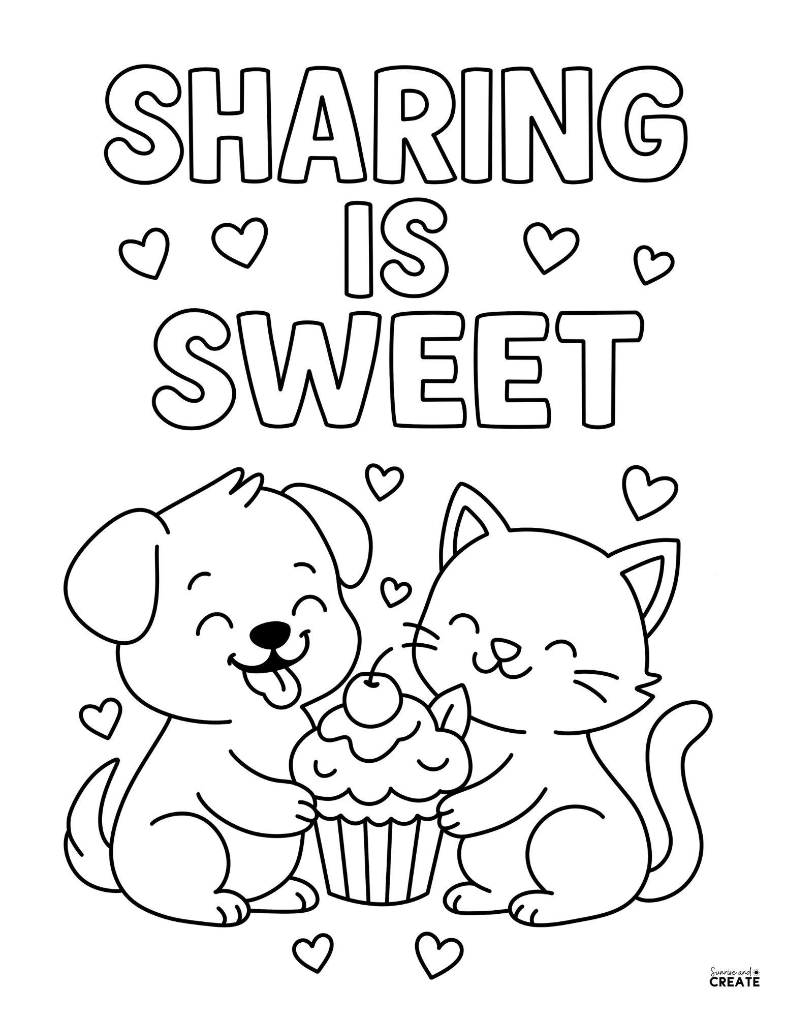 kindness coloring page that says sharing is sweet