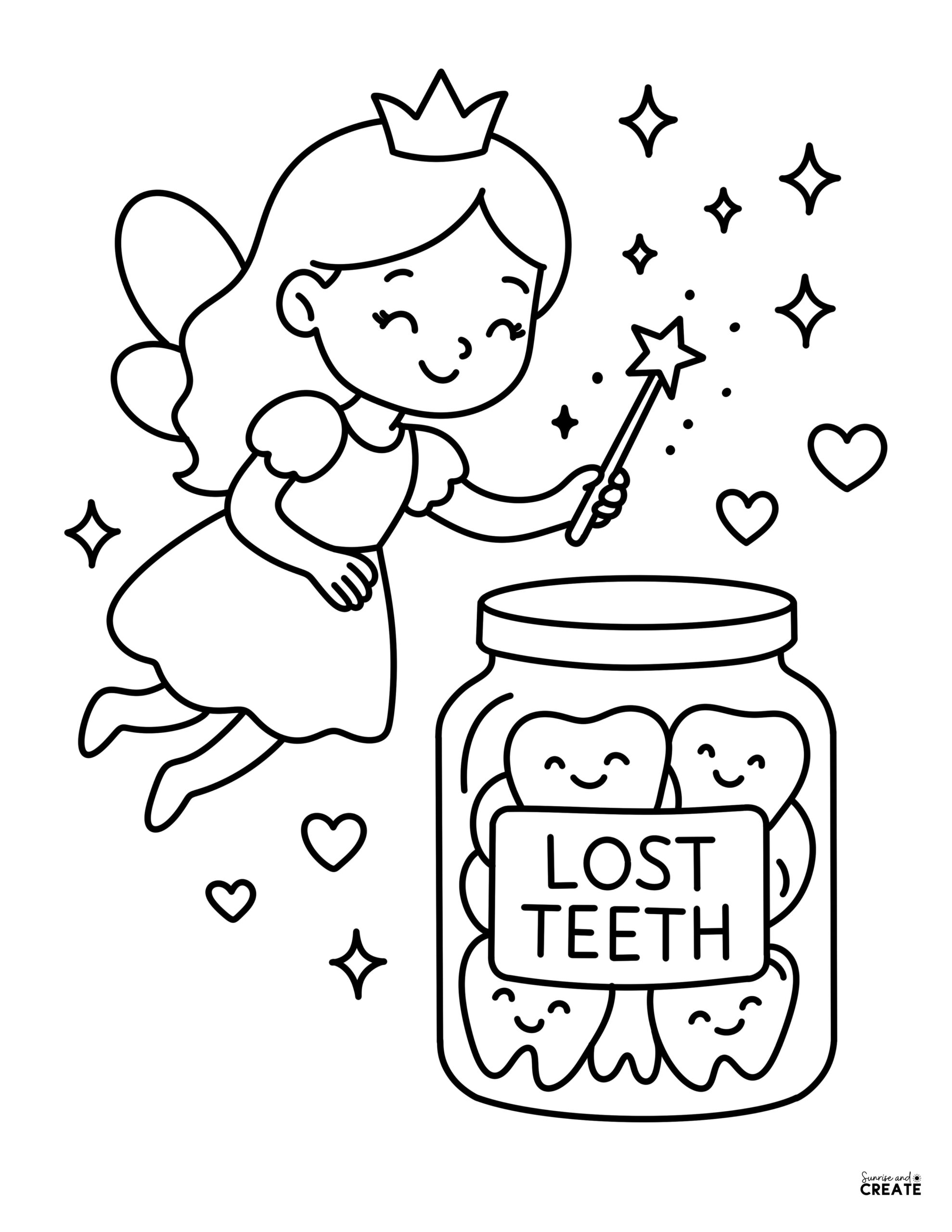 coloring page of a tooth fairy next to jar of teeth 

