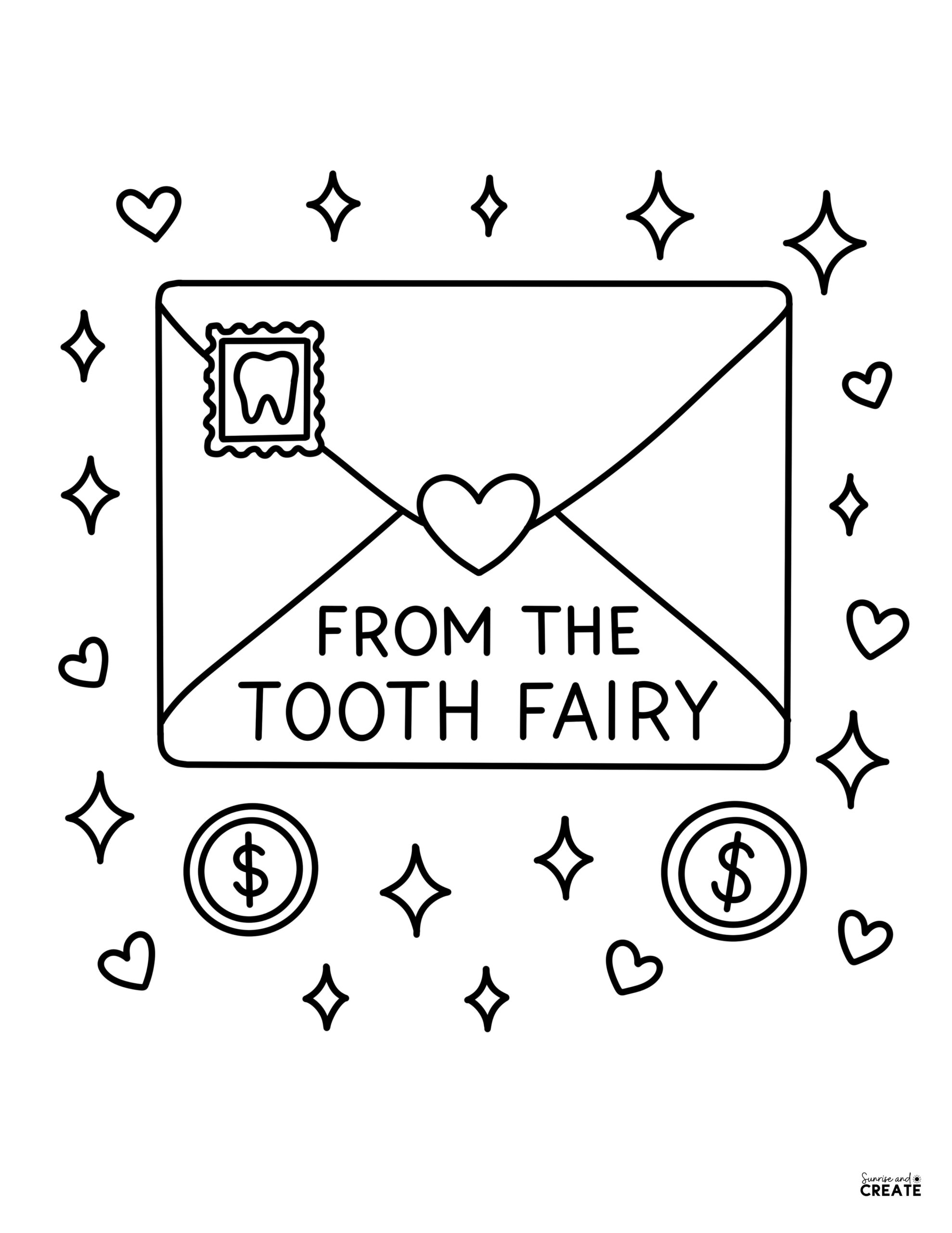 coloring page of a tooth fairy letter
