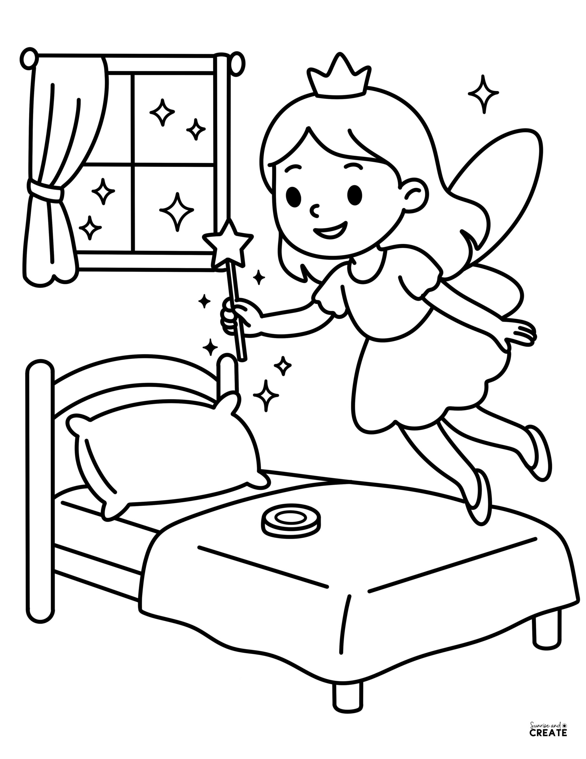 coloring page of a tooth fairy leaving money