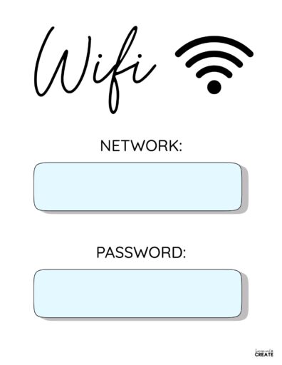 full page vertical wifi sign with pastel blue boxes for network name and password